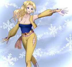 Rule 34 | 1girl, blonde hair, blue eyes, blue shirt, breasts, celes chere, cleavage, detached sleeves, final fantasy, final fantasy vi, hair ornament, highres, lace-up legwear, large breasts, long hair, looking to the side, official alternate costume, open mouth, pants, shirt, snowflakes, solo, soosupaan, vest, waist cape, wavy hair, white footwear, yellow pants