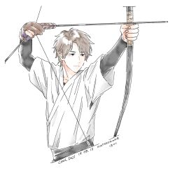 Rule 34 | 1boy, absurdres, archery, arrow (projectile), artist name, bow (weapon), brown gloves, brown hair, closed mouth, commentary request, cool doji danshi, dated, fingernails, gloves, highres, holding, holding arrow, holding bow (weapon), holding weapon, layered sleeves, long sleeves, male focus, mima takayuki, nata kokone, short hair, short over long sleeves, short sleeves, simple background, solo, upper body, weapon, white background