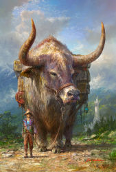 Rule 34 | animal, bull, creature, fantasy, horns, k-takano, original, scenery