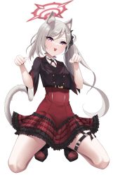 Rule 34 | 1girl, absurdres, animal ear fluff, animal ears, aura, black jacket, black scrunchie, blue archive, cat ears, cat girl, cat tail, cropped jacket, debriskun, frilled skirt, frills, full body, grey hair, hair between eyes, hair ornament, hair scrunchie, high-waist skirt, highres, jacket, kneeling, layered skirt, long hair, looking at viewer, miniskirt, mutsuki (blue archive), open mouth, paw pose, plaid, plaid skirt, purple eyes, red skirt, scrunchie, shirt, side ponytail, simple background, skirt, solo, spread legs, tail, thigh strap, very long hair, white background, white shirt