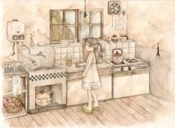 Rule 34 | 1girl, absurdres, brown hair, brush, carrot, chyoma, dress, flower, glass, highres, holding, kitchen, original, potato, sink, slippers, solo, standing, tagme, window