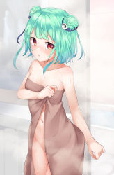 Rule 34 | 1girl, absurdres, bare shoulders, blue ribbon, blush, breasts, brown towel, commentary request, covering privates, double bun, embarrassed, green hair, groin, hair bun, hair ornament, hair ribbon, highres, hololive, looking at viewer, medium hair, naked towel, navel, nude cover, parted lips, pizza (pizzania company), red eyes, ribbon, skull hair ornament, small breasts, solo, towel, uruha rushia, virtual youtuber