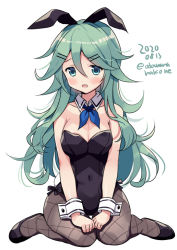 Rule 34 | 1girl, black footwear, black leotard, black pantyhose, blue eyes, blush, breasts, cleavage, collarbone, dated, detached collar, green hair, hair between eyes, kantai collection, leotard, long hair, medium breasts, odawara hakone, one-hour drawing challenge, open mouth, pantyhose, simple background, solo, twitter username, white background, wrist cuffs, yamakaze (kancolle)
