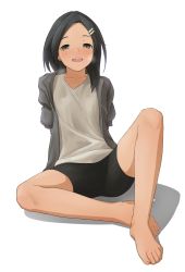 Rule 34 | 10s, 1girl, alternate costume, arms behind back, barefoot, bike shorts, black hair, blush, breath, casual, collarbone, enoshito, feet, full body, hair ornament, hairclip, highres, jacket, kantai collection, kuroshio (kancolle), looking at viewer, open mouth, shadow, shirt, short hair, shorts, simple background, sitting, solo, toes, track jacket, white background, white shirt