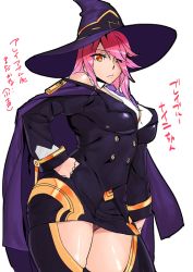Rule 34 | 1girl, ashiomi masato, blazblue, breasts, buttons, cape, double-breasted, hair over one eye, hand on own hip, hat, konoe a. mercury, long hair, looking at viewer, necktie, panties, pantyshot, pink hair, simple background, solo, standing, underwear, uniform, white background, witch hat, yellow eyes