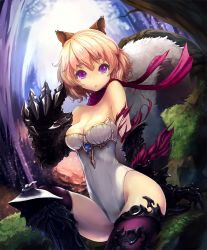 Rule 34 | 10s, 1girl, :&lt;, animal ears, animal hands, armor, armored boots, artist request, bare shoulders, blonde hair, boots, claws, cygames, forest, gem, knee up, leotard, nature, official art, purple eyes, scarf, shadowverse, shingeki no bahamut, short hair, sitting, skindentation, tail, torn clothes, underbrush beast girl