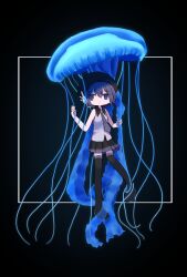 Rule 34 | 1girl, absurdres, animal, bare arms, bare shoulders, beret, black background, black footwear, black hat, black skirt, black thighhighs, boots, border, closed mouth, collared shirt, commentary request, full body, grey necktie, hair between eyes, hand up, hat, headset, highres, jellyfish, jitome, kanikan, looking at viewer, miniskirt, necktie, outside border, oversized animal, pleated skirt, purple eyes, purple hair, shirt, short hair, simple background, skirt, sleeveless, sleeveless shirt, solo, standing, thigh boots, thighhighs, utane uta, utau, white border, white shirt, zettai ryouiki