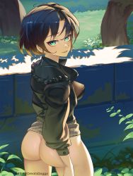 Rule 34 | 1girl, aqua eyes, ass, black hair, blush, bottomless, breasts, greatodoggo, head tilt, highres, huge ass, looking at viewer, looking to the side, medium breasts, original, public indecency, short hair, smile, solo, sweater, thick thighs, thighs