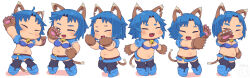 Rule 34 | 1girl, :3, animal ear fluff, animal ears, animal hands, blue footwear, blue hair, blue skirt, breasts, chibi, cleavage, closed eyes, closed mouth, commentary request, facing away, facing viewer, fang, full body, gloves, highres, jaggy lines, ket sea, medium breasts, medium hair, miniskirt, muffin top, multiple views, navel, omiya (louise-louis-lucille), open mouth, outstretched arms, paw gloves, plump, shadow, short sleeves, simple background, skirt, standing, tail, thick eyebrows, thick thighs, thighhighs, thighs, waguruma!, white background