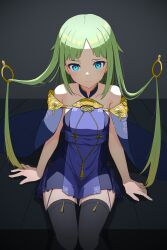 Rule 34 | 1girl, absurdres, bare shoulders, black thighhighs, blue cloak, blue dress, blue eyes, blue protocol, cloak, commentary, dress, einrain (blue protocol), floating, floating hair, floating object, gradient hair, green eyes, halterneck, highres, kiu-chi, long hair, multicolored hair, open cloak, open clothes, parted lips, short dress, sidelocks, sitting, solo, thighhighs
