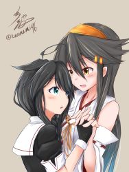 Rule 34 | 10s, 2girls, :d, absurdres, ahoge, bare shoulders, black hair, black serafuku, blue eyes, commentary request, detached sleeves, fingerless gloves, gloves, hair flaps, hair ornament, hairclip, holding hands, haruna (kancolle), headgear, highres, kantai collection, long hair, looking at another, multiple girls, namikawa kuroha, nontraditional miko, open mouth, orange eyes, remodel (kantai collection), school uniform, serafuku, shigure (kancolle), signature, smile, twitter username