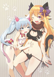 Rule 34 | 2girls, ;d, alternate costume, animal ears, arm around shoulder, bare legs, bell, between legs, black panties, blonde hair, blue eyes, blue hair, blush, bow, bowtie, grabbing another&#039;s breast, breast press, breasts, cat cutout, cat ear panties, cat ears, cat lingerie, cat tail, cheek press, cleavage, cleavage cutout, clothing cutout, deep skin, eyebrows, fang, flat chest, frills, gluteal fold, grabbing, groin, hair bow, heart, jingle bell, large breasts, leaning forward, legs apart, long hair, looking at another, looking at viewer, maguro (guromaguro), meme attire, multiple girls, navel, one eye closed, open mouth, panties, panty pull, paw print, ponytail, purple bow, purple eyes, red bow, red bowtie, rwby, scar, scar across eye, scar on face, scarf, side-tie panties, silver hair, smile, standing, stomach, striped, striped background, tail, tail bell, tail bow, tail ornament, tears, underwear, underwear only, vertical stripes, weiss schnee, white panties, yang xiao long