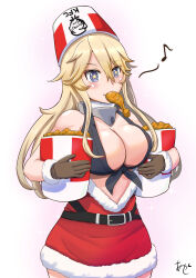 Rule 34 | 1girl, akashieru, belt, black belt, blonde hair, blue eyes, breasts, bucket of chicken, chicken (food), cleavage, cup, disposable cup, dress, fast food, food, fried chicken, front-tie top, fur-trimmed dress, fur trim, hair between eyes, highres, iowa (kancolle), kantai collection, kfc, large breasts, long hair, object on head, red dress, santa dress, short dress, solo, star-shaped pupils, star (symbol), symbol-shaped pupils, very long hair