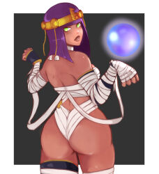 Rule 34 | 1girl, absurdres, alternate costume, ass, back, bandages, curvy, dark skin, egyptian, green eyes, highres, huge ass, lips, looking at viewer, looking back, menat, mooey, naked bandage, official alternate costume, orb, paw pose, purple hair, solo, street fighter, thighs, wide hips