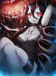 Rule 34 | 10s, 1girl, abyssal ship, arm up, armpits, battleship princess, black dress, black hair, blush, breasts, cleavage, collar, dress, glowing, glowing eyes, highres, horns, kantai collection, long hair, looking at viewer, open mouth, pale skin, personification, red eyes, short dress, sitting, skin-covered horns, solo, suika01, thigh strap, very long hair