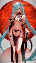 Rule 34 | 1girl, alternate costume, arabian clothes, bare shoulders, bikini, black bikini, blue eyes, blue hair, bracelet, breasts, detached sleeves, earrings, enj!, feet out of frame, gold, groping motion, hatsune miku, highres, jewelry, long hair, medium breasts, nails, navel, o-ring, red background, red circle, serious, simple background, swimsuit, twintails, underboob, vocaloid
