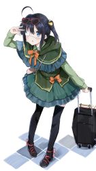 Rule 34 | 1girl, :o, absurdres, ahoge, backpack, bag, black footwear, black thighhighs, blue eyes, blush, bow, chuunibyou demo koi ga shitai!, commentary, dress, eyepatch, footwear bow, frills, full body, green dress, hair ribbon, highres, holding, long sleeves, looking at viewer, official alternate costume, one side up, orange bow, orange neckwear, purple hair, ribbon, shoes, short hair, simple background, solo, standing, takanashi rikka, thighhighs, white background, yanagi marie, yellow ribbon