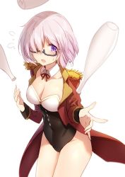 Rule 34 | bison cangshu, black leotard, blush, breasts, cleavage, coat, cowboy shot, epaulettes, fate/grand order, fate (series), flying sweatdrops, frown, glasses, hair over one eye, juggling, juggling club, leotard, light purple hair, long sleeves, mash kyrielight, mash kyrielight (welcome to the travelling circus!), medium breasts, official alternate costume, open mouth, purple eyes, semi-rimless eyewear, short hair, solo, sweat, under-rim eyewear