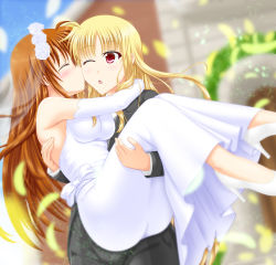 Rule 34 | 2girls, alternate costume, alternate hairstyle, blonde hair, blue sky, bridal veil, brown hair, building, carrying, kissing cheek, church, cloud, cloudy sky, dress, elbow gloves, closed eyes, fate testarossa, female focus, formal, gloves, happy, high heels, highres, kiss, long hair, lyrical nanoha, mahou shoujo lyrical nanoha, mahou shoujo lyrical nanoha strikers, misumi takasumi, multiple girls, open mouth, princess carry, red eyes, sky, suit, surprised, takamachi nanoha, tuxedo, veil, very long hair, wedding, wedding dress, white dress, white footwear, white gloves, wife and wife, yuri