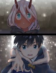 Rule 34 | 10s, 1boy, 1girl, aged down, bandages, black cloak, black hair, blue eyes, bomhat, cloak, coat, colored sclera, colored skin, commentary, couple, darling in the franxx, eyes visible through hair, fur trim, green eyes, grey coat, hetero, highres, hiro (darling in the franxx), hood, hooded cloak, horns, long hair, oni horns, parka, pink hair, red horns, red pupils, red sclera, red skin, short hair, winter clothes, winter coat, zero two (darling in the franxx)