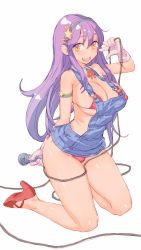 Rule 34 | 1girl, asamiya athena, bare shoulders, bikini, breasts, cleavage, collar, covered erect nipples, full body, gloves, hairband, high heels, kneeling, large breasts, long hair, looking at viewer, medium breasts, micro bikini, microphone, navel, open mouth, overall skirt, psycho soldier, purple hair, red bikini, red footwear, shoes, simple background, smile, snk, solo, swimsuit, the king of fighters, tongue, uniskie saabunrou, v, white background, yellow eyes
