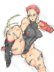 Rule 34 | 1girl, ahoge, alternate color, black leotard, blonde hair, blue eyes, bodypaint, boots, braid, breasts, cammy white, camouflage, capcom, clenched hands, covered erect nipples, female focus, fighting stance, fingerless gloves, gloves, hat, kicking, knee boots, kyuraa (kyura9een), large breasts, legs, leotard, lips, long hair, military, military uniform, open mouth, player 2, scar, simple background, socks, solo, standing, standing on one leg, street fighter, thick thighs, thighs, thong leotard, twin braids, uniform, white background