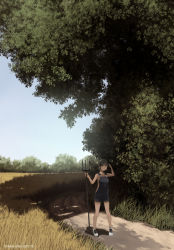 Rule 34 | 1girl, artist name, commentary, dated, dead-robot, grass, hat, holding, holding pitchfork, mixed-language commentary, original, outdoors, overalls, pitchfork, scenery, shadow, shoes, sneakers, solo, standing, tree, watermark, white footwear, wide shot
