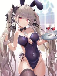 Rule 34 | 1girl, animal ears, azur lane, bare shoulders, black bow, black leotard, black ribbon, black thighhighs, bow, breasts, brown hair, closed mouth, covered navel, cowboy shot, cup, drinking glass, fake animal ears, formidable (azur lane), groin, hair ribbon, hands up, highleg, highleg leotard, highres, holding, holding tray, large breasts, leotard, long hair, looking at viewer, makina9696, playboy bunny, rabbit ears, red eyes, ribbon, smile, solo, thighhighs, tray, twintails, two-tone ribbon, very long hair, white ribbon, wine glass, wrist cuffs
