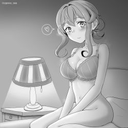 Rule 34 | 1girl, bottomless, bra, breasts, collarbone, come hither, cypress, gotland (kancolle), greyscale, hair between eyes, hair bun, heart, kantai collection, lamp, large breasts, long hair, mole, mole under eye, monochrome, navel, on bed, single hair bun, sitting, smile, solo, speech bubble, spoken heart, underwear, underwear only