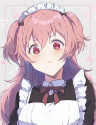 Rule 34 | 1girl, apron, bow, brown bow, brown ribbon, frown, grey background, hair between eyes, hair bow, highres, light blush, long hair, looking at viewer, maid, maid apron, maid headdress, momoi airi, more more jump! (project sekai), multiple hair bows, nov ggg, outside border, pink eyes, pink hair, portrait, pout, project sekai, red ribbon, ribbon, solo, triangle, upper body