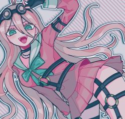 Rule 34 | 1girl, aqua bow, aqua eyes, black choker, blush, bow, breasts, choker, commentary, danganronpa (series), danganronpa v3: killing harmony, goggles, goggles on head, hair between eyes, hand up, highres, iruma miu, long hair, long sleeves, o-ring, open mouth, outline, pink hair, pink shirt, pink skirt, pisapipi, pleated skirt, sailor collar, school uniform, shirt, skirt, smile, solo, striped, striped background, symbol-only commentary, thighs, tongue, very long hair, white outline