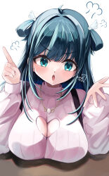 Rule 34 | 1girl, absurdres, ahoge, amano nene (vtuber), angry, blue eyes, blue hair, blush, breast rest, breasts, cleavage, cleavage cutout, clothing cutout, commentary, dark blue hair, english commentary, hair rings, half updo, head steam, heart cutout, highres, index finger raised, jewelry, large breasts, long hair, long sleeves, looking at viewer, necklace, open mouth, parted hair, pink sweater, production kawaii, ribbed sweater, sidelocks, signature, simple background, solo, suspenders, sweater, turtleneck, turtleneck sweater, upper body, v-shaped eyebrows, virtual youtuber, wakamewakame282, white background, wing hair ornament, winged heart