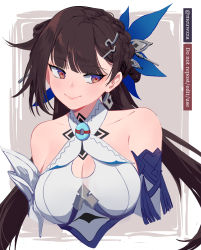 Rule 34 | 1girl, absurdres, artist name, bare shoulders, border, breasts, brown eyes, brown hair, chinese clothes, cleavage, closed mouth, hair ornament, highres, honkai (series), honkai impact 3rd, li sushang, li sushang (jade knight), long hair, meuwzza (me zwa), ponytail, smile, solo, white border