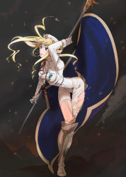 Rule 34 | 10s, 1girl, arm up, blonde hair, blue eyes, boots, earrings, epaulettes, flag, garrison cap, gloves, hat, highres, holding, jewelry, knee boots, konma, long hair, macross, macross frontier, macross frontier: sayonara no tsubasa, medal, military, military uniform, sheryl nome, single earring, solo, standing, thigh gap, torn clothes, uniform, white gloves