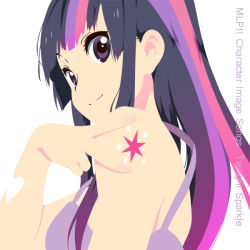 Rule 34 | akiyama mio, bare shoulders, heart, hime cut, idylliccommotion, k-on!, long hair, my little pony, my little pony: friendship is magic, personification, pink hair, purple eyes, purple hair, simple background, smile, tattoo, twilight sparkle, v
