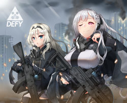 Rule 34 | 2girls, absurdres, adjusting hair, ak-12, ak-12 (girls&#039; frontline), ammunition, an-94, an-94 (girls&#039; frontline), assault rifle, black gloves, blonde hair, blue eyes, braid, breasts, cape, closed mouth, commentary request, doyagao, french braid, gas mask, girls&#039; frontline, gloves, gun, hair ornament, hairband, highres, hitch (perotoss), holding, holding gun, holding weapon, jacket, kalashnikov rifle, large breasts, long hair, long sleeves, looking at viewer, mask, military, multiple girls, one eye closed, purple eyes, ribbon, rifle, sidelocks, silver hair, smile, smug, trigger discipline, unworn mask, very long hair, weapon