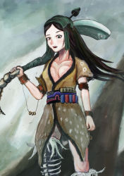 Rule 34 | 1girl, black hair, breasts, cleavage, female focus, kofun period, long hair, original, outdoors, sky, solo, weapon
