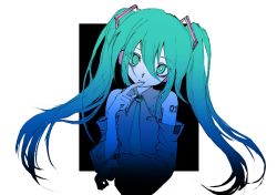 Rule 34 | 1girl, aizettonagi, bright pupils, closed mouth, collared shirt, commentary request, detached sleeves, finger to mouth, green eyes, green hair, green necktie, grey shirt, grey sleeves, hair between eyes, hatsune miku, head tilt, highres, long hair, necktie, shirt, sleeveless, sleeveless shirt, solo, twintails, upper body, vocaloid, white pupils
