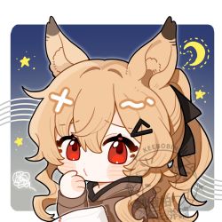 Rule 34 | 1girl, animal ear fluff, animal ears, animal hood, arknights, blush stickers, brown hair, brown hoodie, ceobe (arknights), chibi, closed mouth, commentary request, crescent, dog ears, dotted line, fake animal ears, hair between eyes, hair ornament, highres, hood, hood down, hoodie, long hair, long sleeves, looking at viewer, naojiang, o3o, official alternate costume, ponytail, red eyes, solo, squiggle, star (symbol), upper body, watermark