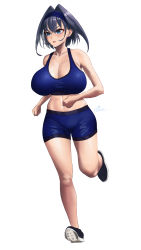 Rule 34 | 1girl, absurdres, blue eyes, blue hair, blush, breasts, cleavage, collarbone, headband, highres, holocouncil, hololive, hololive english, huge breasts, midriff, navel, ouro kronii, running, sabakan oekaki, shoes, short hair, shorts, sneakers, solo, sports bra, stomach, thighs, virtual youtuber, white background