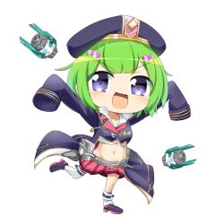 Rule 34 | 1girl, :d, beret, black footwear, blush, breasts, character request, chibi, clothes pin, coat, commentary request, full body, green hair, hat, hop step jumpers, lets0020, looking at viewer, medal, medium bangs, medium breasts, midriff, miniskirt, navel, open mouth, purple coat, purple eyes, purple hat, red skirt, robot, running, shoes, short hair, simple background, skirt, sleeves past fingers, sleeves past wrists, smile, solo, thighhighs, transparent background, v-shaped eyebrows, white thighhighs