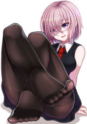 Rule 34 | 1girl, black dress, black pantyhose, commentary request, dress, fate/grand order, fate (series), feet, foot focus, glasses, hair over one eye, looking at viewer, mash kyrielight, mizunashi hayate, necktie, no shoes, open mouth, pantyhose, purple eyes, purple hair, short hair, simple background, solo, thighband pantyhose, toes, white background