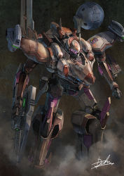 Rule 34 | armored core, armored core 3, clenched hand, extra eyes, glowing, glowing eyes, gun, highres, holding, holding gun, holding weapon, hukutuuprunes, looking ahead, mecha, mecha focus, pink eyes, robot, rouge (armored core), science fiction, signature, solo, weapon