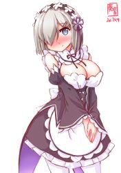 Rule 34 | 10s, 1girl, alternate costume, apron, breasts, cosplay, dated, detached sleeves, grey eyes, hair ornament, hair over one eye, hairpin, hamakaze (kancolle), highres, kanon (kurogane knights), kantai collection, large breasts, look-alike, looking at viewer, maid, maid apron, maid headdress, re:zero kara hajimeru isekai seikatsu, rem (re:zero), rem (re:zero) (cosplay), short hair, silver hair, smile, solo, v arms, white background