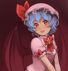 Rule 34 | 1girl, bat wings, blue hair, bow, cross, dated, fang, hat, highres, looking at viewer, mob cap, puffy short sleeves, puffy sleeves, red background, red eyes, remilia scarlet, roarke (lavenderincubus), short sleeves, touhou, v arms, wings