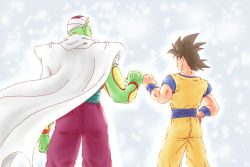 Rule 34 | 2boys, ^ ^, black hair, blue background, cape, closed eyes, cowboy shot, dougi, dragon ball, dragonball z, facing away, fist bump, gradient background, happy, height difference, male focus, multiple boys, piccolo, pointy ears, profile, short hair, simple background, smile, son goku, spiked hair, turban, upper body, white background, wristband