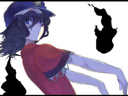 Rule 34 | 1girl, black hair, blue eyes, blue hair, female focus, hat, horosuke, letterboxed, looking back, matching hair/eyes, miyako yoshika, outstretched arms, short hair, simple background, solo, touhou, zombie pose