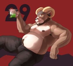 Rule 34 | 1boy, absurdres, animal ears, armpit hair, bara, beard, black pants, carl hendricks, character age, commentary, cup, drink, echo (visual novel), echo project, english commentary, facial hair, fat, furry, furry male, green eyes, highres, holding, holding cup, holding drink, horns, looking at viewer, male focus, navel, nipples, open mouth, pants, pectorals, plump, pubic hair, red background, sheep boy, sheep ears, sheep horns, shibacream, smile, topless male