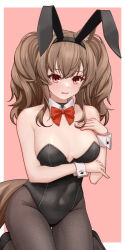 Rule 34 | 1girl, angelina (arknights), animal ear fluff, animal ears, arknights, arm under breasts, bare shoulders, black footwear, black hairband, black leotard, black pantyhose, bow, breasts, brown hair, collar, commentary request, covered navel, detached collar, fake animal ears, groin, hair between eyes, hairband, hand up, highres, leotard, lxjun 09, medium breasts, open mouth, pantyhose, pink background, playboy bunny, rabbit ears, red bow, red eyes, shoes, solo, strapless, strapless leotard, tail, twintails, two-tone background, white background, white collar, wing collar, wrist cuffs