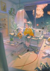 Rule 34 | 2boys, age difference, animal ears, brown pants, cat boy, cat ears, child, closed eyes, controller, couch, drawstring, fireworks, game controller, grey pants, hood, hoodie, long hair, luo xiaohei, luo xiaohei (human), luo xiaohei zhanji, marmeloism, multiple boys, open mouth, pants, plant, ponytail, potted plant, profile, shadow, short hair, slippers, smile, white hair, window, wuxian (the legend of luoxiaohei), yellow hoodie